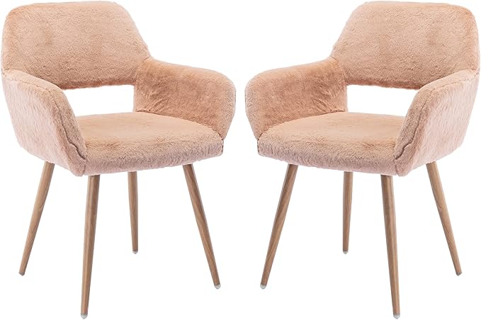 KCC Furry Desk Chair Set of 2, Mid-Century Modern Accent Faux Fur Chair for Teen Girls, Comfy Armchair with Wood Look Metal Legs for Living Room, Home Vanity Makeup Office Desk Chairs No Wheel,Camel