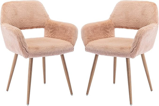 KCC Furry Desk Chair Set of 2, Mid-Century Modern Accent Faux Fur Chair for Teen Girls, Comfy Armchair with Wood Look Metal Legs for Living Room, Home Vanity Makeup Office Desk Chairs No Wheel,Camel