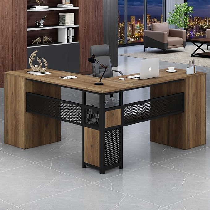 HSH Large L Shaped Home Office Desk with Drawers, Rustic L-shaped Computer Desk with Storage File Cabinet Shelves, Corner Reversible Metal Wood Executive Work Study Writing Table, 59 Inch Bedroom Desk