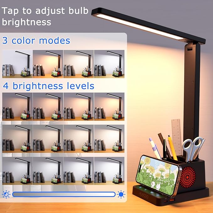 LED Desk Lamp for Office Home, Eye-Caring Desk Light with USB Charging Port & Phone Holder, 3 Color X 4 Brightness, Adjustable Arm, Touch-Control Lamp with RGB Pen Holder for Reading, Bedroom (Black)