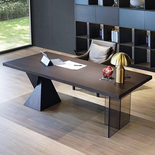 Modern Executive Desk 63IN(Acrylic Table Leg)(Wooden Texture Design) Home Office Desks Includes Hollow Table Leg Hide Wires,Large Desktop
