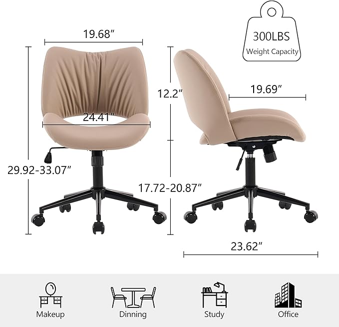 Rowill Armless Office Desk Chair, Ergonomic PU Leather Modern Task Chair with Back Adjustable Height, 360° Swivel Vanity Chairs with Wheels for Small Space, Home Office, Bedroom, Khaki