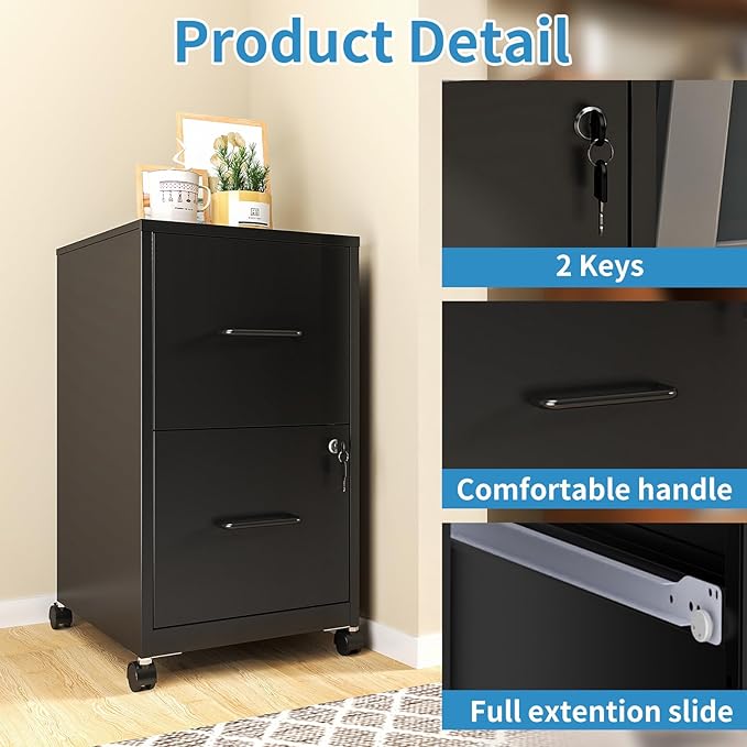Mobile File Cabinet with Lock, 2 Drawer File Cabinets with Adujustable Feet and Wheels, Metal Office Storage Cabinet Under Desk,Vertical Filing Cabinets for Home Office, Required Assembly
