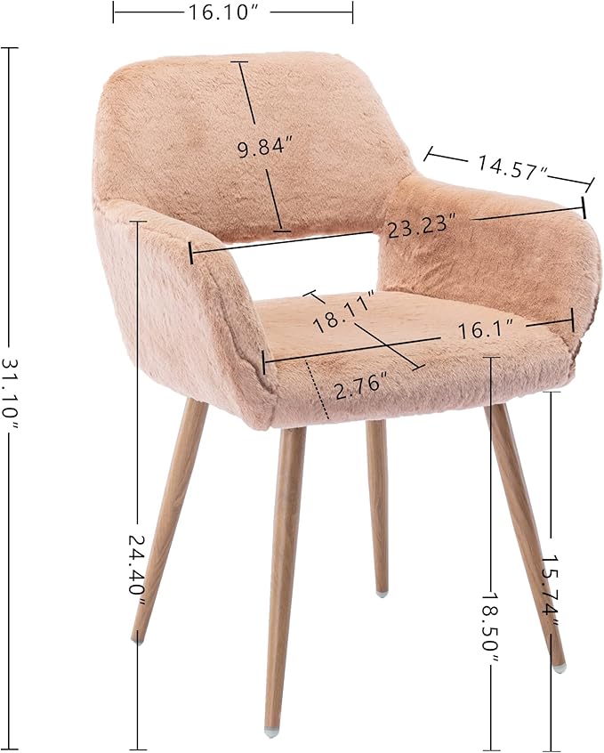 KCC Furry Desk Chair Set of 2, Mid-Century Modern Accent Faux Fur Chair for Teen Girls, Comfy Armchair with Wood Look Metal Legs for Living Room, Home Vanity Makeup Office Desk Chairs No Wheel,Camel