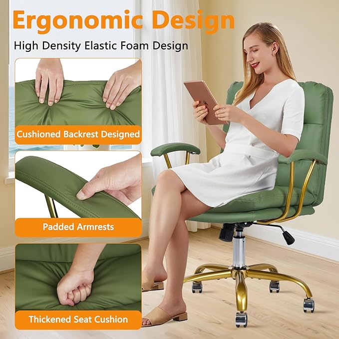 Leather Home Office Desk Chair, Mid-Back Vanity Chair Make Up Chair with Gold Wheels & Removable Armrests, Rolling Swivel Computer Task Chair for Office Bedroom Living Room Girls Women, Green