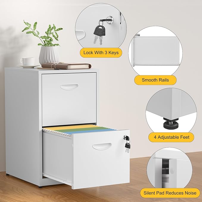 2 Drawer File Cabinet with Lock,White Metal Office Drawers Filing Cabinets for Home Office, Two Drawer Under Desk File Cabinet for Hanging Letter,Easy Assemble