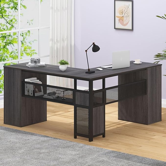 HSH L Shaped Corner Home Office Desk with Drawers, Large Computer Desk with Storage File Cabinet Shelves, Rustic Wood Metal Computer Table for Bedroom Executive Work Study Writing, Dark Gray, 59 Inch