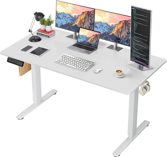 55 x 24 in Electric Standing Desk - Memory Height Adjustable Ergonomic Sit-to-Stand Rising Computer Table Gaming Workstations with 2 Hooks and Wire Hole for Home Office, White