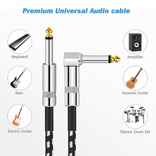 Guitar Cable, Instrument Cable, Bass Cable, Guitar Cord 10FT, 6.35mm Straight Curved Audio Cable for Various Musical Instruments - Electric Guitars, Electronic Keyboards, Speakers