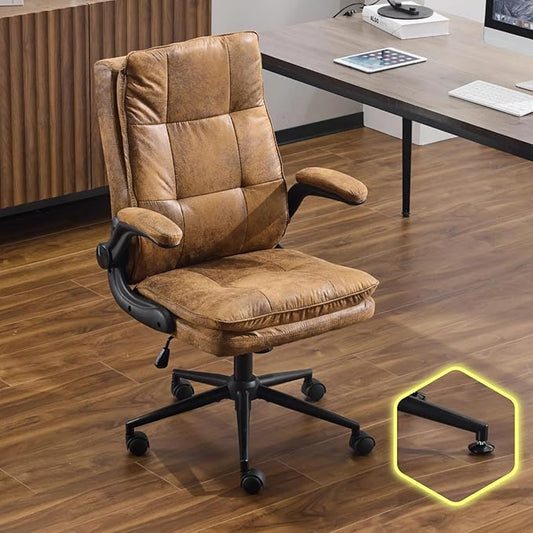 VINGLI Comfy Brown Leather Office Desk Chair,Ergonomic High-Back Computer Gaming Chair with Replaceable Wheels,Dual-Base,Adjustable Height&Armrests,360 Swivel Task Chair for Home Office,Vintage,Rustic