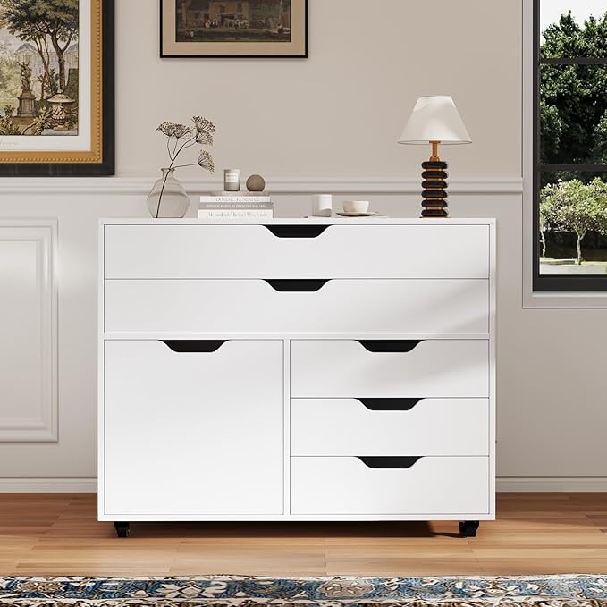 LOKO 5-Drawer File Cabinet, Mobile Chest of Drawers with Side Cabinet, Door Cabinet with 5 Casters, Rolling Lateral Filing Cabinet, Storage Cabinet Unit for Living Room, Study, Home Office