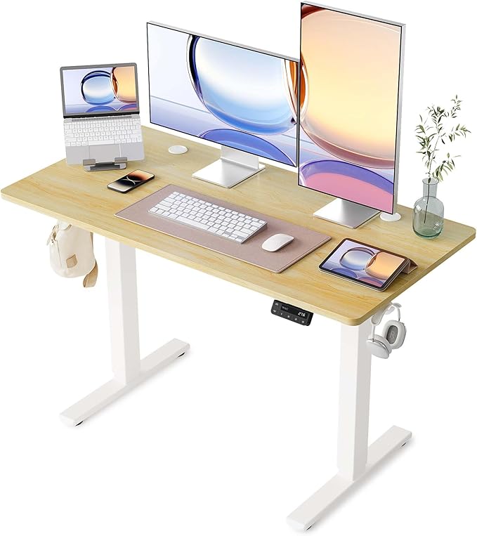 YIHAYO Electric Standing Desk, 48 x 24 Inches Stand Up Desk with Splice Board, Adjustable Height Desk, Computer Desk for Home Office, White Frame/Natural Top