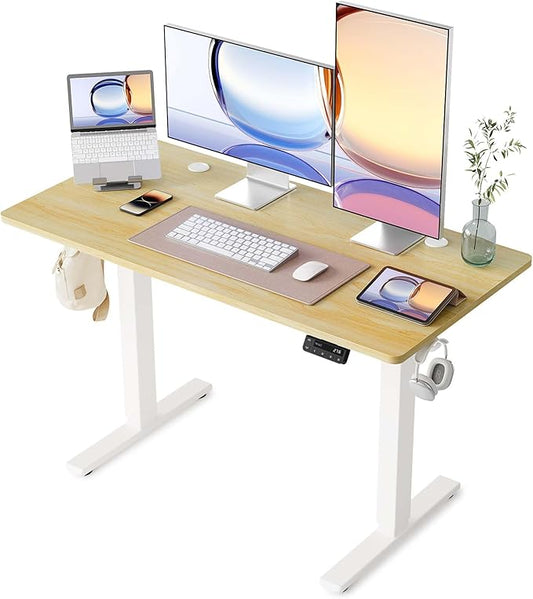 YIHAYO Electric Standing Desk, 48 x 24 Inches Stand Up Desk with Splice Board, Adjustable Height Desk, Computer Desk for Home Office, White Frame/Natural Top