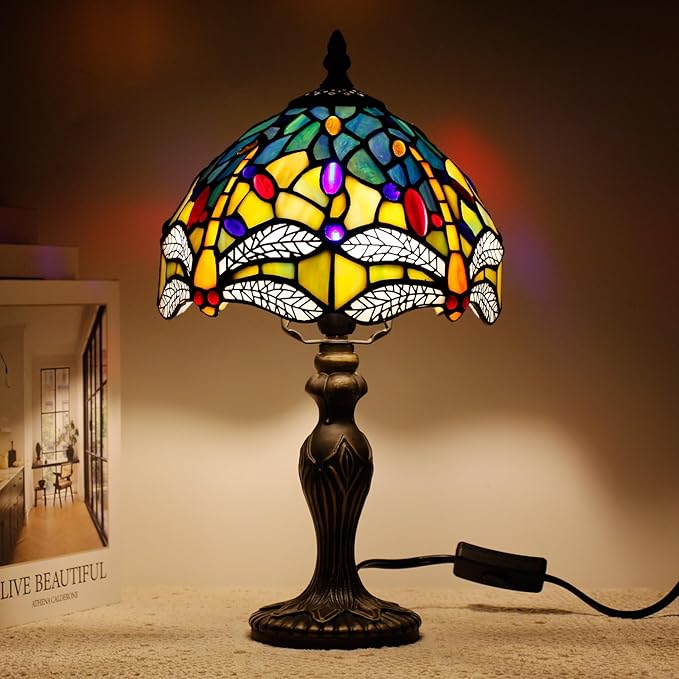Small Tiffany Lamp Stained Glass Table Lamp Mini Desk Accent Light for Bedroom Bedside Reading Home Antique Style Decor 8X15 Inches (Blue Yellow)