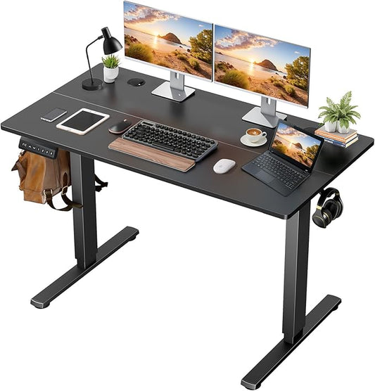 48 x 24 in Electric Standing Desk - Memory Height Adjustable Ergonomic Sit-to-Stand Rising Computer Table Gaming Workstations with 2 Hooks and Wire Hole for Home Office, Black