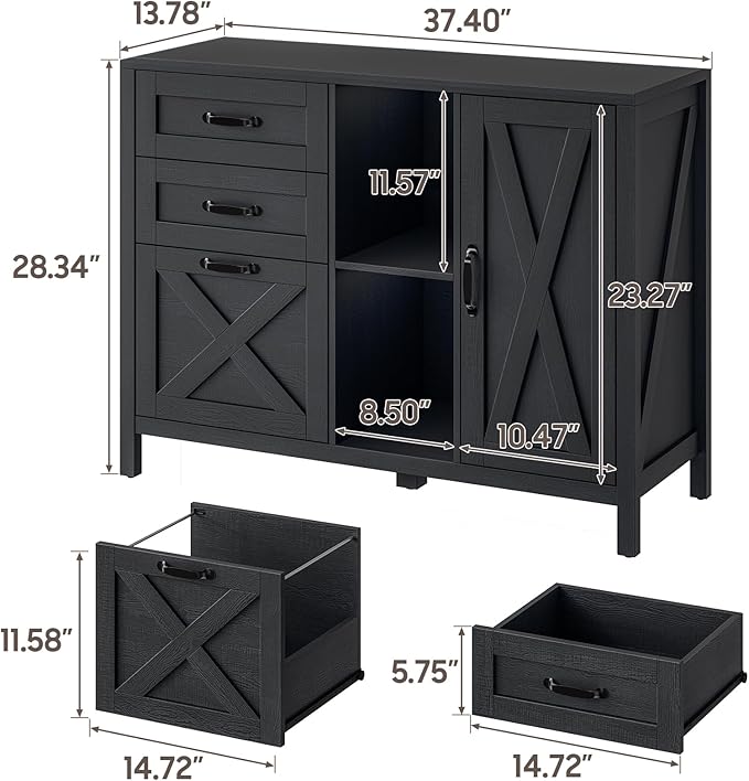 Lateral File Cabinet with 3 Drawers and Door, Farmhouse File Cabinet with Adjustable Shelf for Letter/A4 Size Hanging Files, Printer Stand with Storage Cabinet for Home Office Furniture, Black