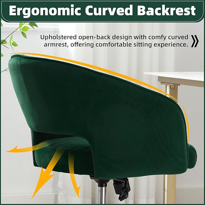 ABET Desk Chair with Wheels, Velvet Home Office Chair, Swivel Armchair Gold Base, Upholstered Modern Accent Chairs, Back Incline Adjustable for Living Room Bedroom Vanity, Dark Green