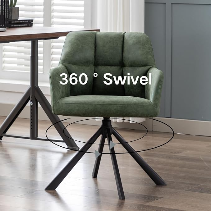 Home Office Chair with Arm, Comfy Desk Chair No Wheels, Upholstered Leather Computer Chair, Swivel Accent Chair for Bedroom, Office, Small Spaces, Green