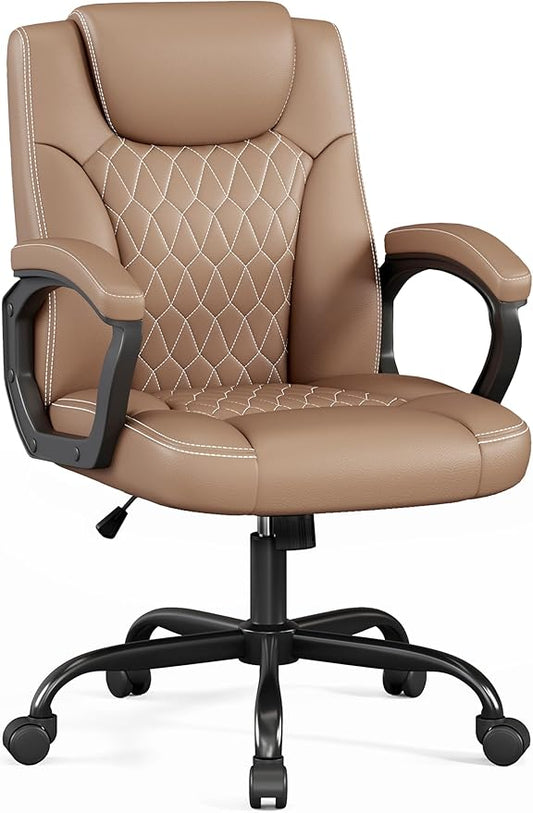Misolant Office Chair, Executive Desk Chair, PU Leather Comfortable Ergonomic Chairs with Fixed Armrest, Adjustable Height, Rocking Function, 360° Swivel Wheels, Brown