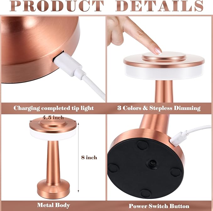 Riakrum Set of 2 LED Portable Cordless Table Lamp with Touch Sensor 3 Color Stepless Dimming Rechargeable Battery up to 15 Hours Cordless Table Light Wireless Lamp for Nursery(Rose Gold,4 Pcs)