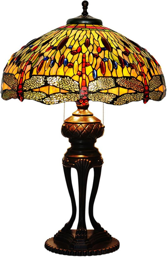 Tiffany Lamp Table Lamp Rose Dragonfly Tulip Wisteria Grape Peach Kapok Peony Apple Flower Design Stained Glass Lampshade Desk Lamp for Girl Living Room Iron Base W20 XH32,Dragonfly