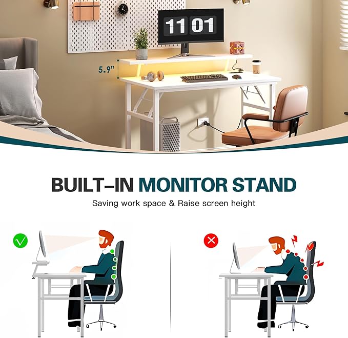 sogesfurniture 47 inch Computer Desk with LED Lights & Power Outlets, Folding Desk with Monitor Shelf, Wide Folding Table Writing Desk Foldable Home Office Desk, White