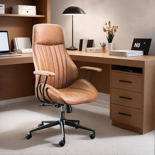 ovios Ergonomic High Back Office Chair, Mid-Century Modern Faux Suede Leather Chair with Padded Armrests, Comfy Executive Computer Task Swivel Rolling Chairs, Brown