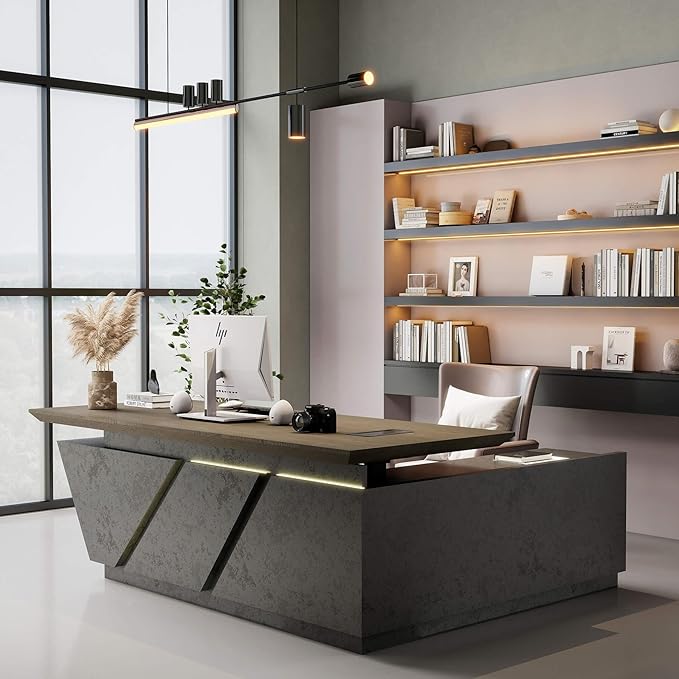 86.61IN Modern Executive Desk - Adjustable Height L-Shaped Executive Desk with Drawers & File Cabinet, Black Luxury Home Office Desk, Standing Desk Business Workstation with Universal Charging Ports