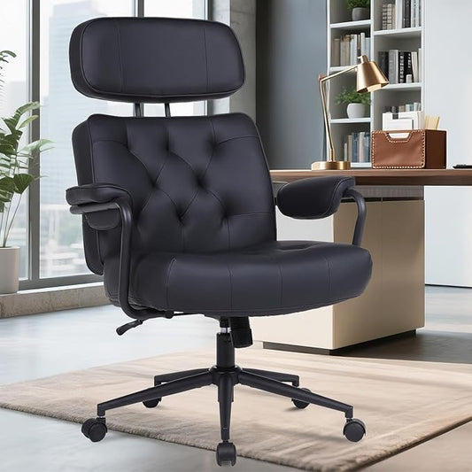 Big and Tall Office Chair 500LBS, Executive Office Chair for Heavy People, Heavy Duty Desk Chair Comfy, Computer Chair High Back PU Leather, Extra Wide Rocking Chair with Wheels for Home Office, Black
