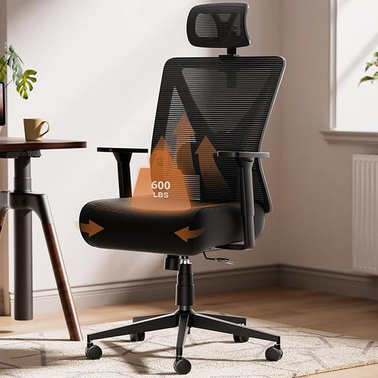 Dowinx Big and Tall Office Chair 600lbs,Ergonomic High Back Desk Computer Chair with Wide Thick Seat Cushion,Adjustable Lumbar Support and Backrest,Metal Base,Black