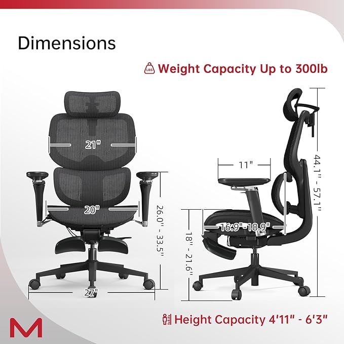 Ergonomic Office Chair with Footrest, Office Chairs with DTS Dynamic Lumbar Support, Desk Chairs with 4D Armrest, 136° Recline,Mesh Back Desk Chair with 3D Headrest, Adjustable Computer Chair