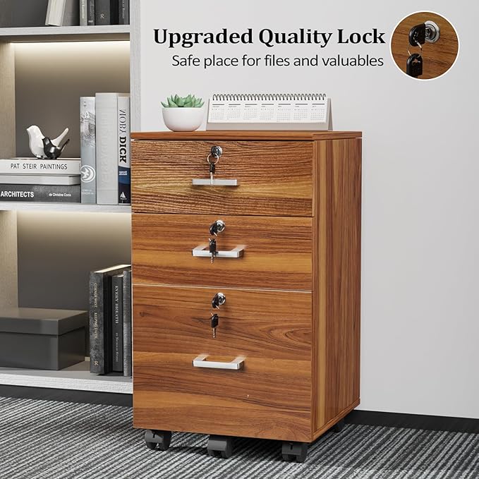 VINGLI 3-Drawer File Cabinet with Lock, Wood Rolling Filing Cabinets for Home Office, Mobile Printer Stand, Under Desk File Organizer for Letter Sized Files, 26" H(Caster Included), Walnut