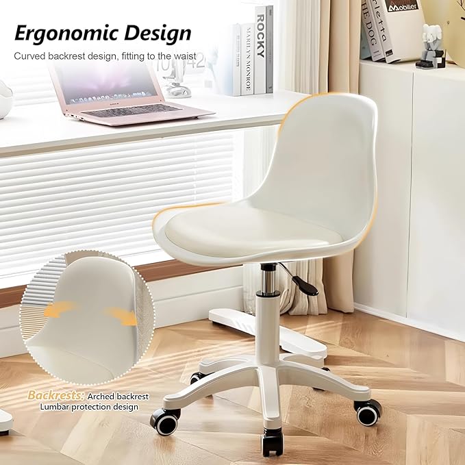 Small Desk Chair Cute Armless Task Vanity Chair with Soft Padded Cushion, Plastic Height Adjustable Home Office Chairs for Teens Girls