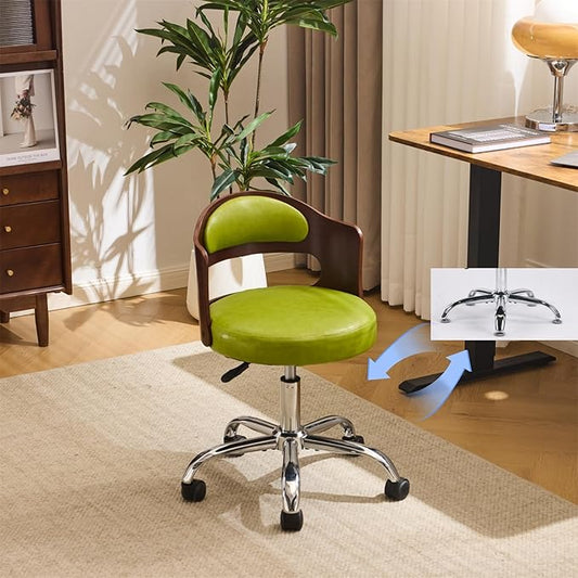 VINGLI Armless Home Office Desk Chair, Adjustable Swivel Chair,Dual-Use with/no Wheels,Small Retro Designed Walnut Curved Task Chair,Cushioned Nail Tech Chair for Study Area,Workspace,PU,Grass Green