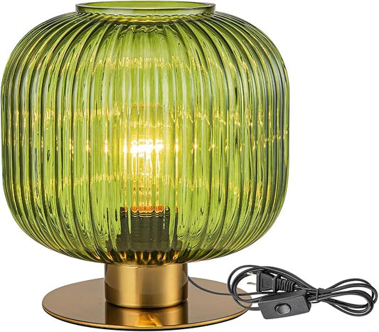 Green Table Lamp Glass Table Lamps Mid Century Modern Table Lamp Gold Bedside Lamp Vintage Nightstand Lamp with Ribbed Globe Shade Brass Desk Lamp Small Side Table Lamps for Bedroom Living Room
