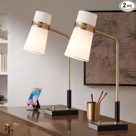 Possini Euro Design Cartwright 32" Tall Large Modern Glam Luxe Desk Lamps Set of 2 USB Port Black Gold Brass Finish Metal White Shade Home Office Living Room Charging Bedroom Bedside Nightstand