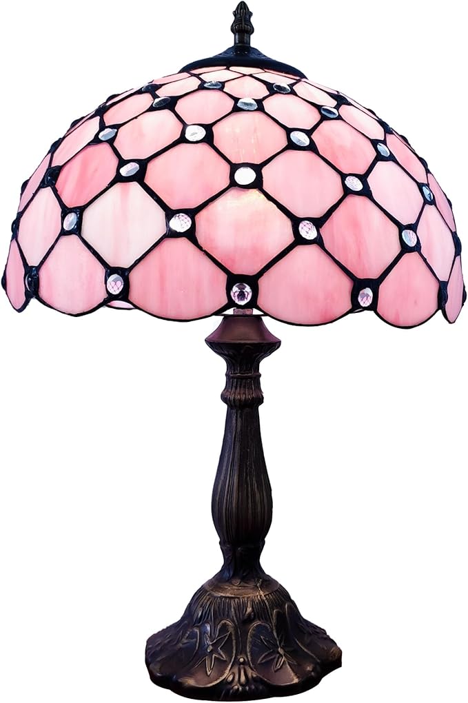 Tiffany Lamp Stained Glass Table Lamp Antique Bedside Desk Reading Light 3-Way Color LED Living Room Nightstand Light 12X12X19 Inches Home Office Desk Light Pink Pearls Style