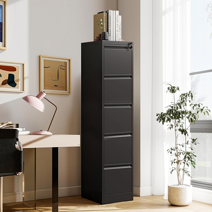 5-Drawer Locking Vertical File Cabinet, Metal Storage Cabinet for Office/Home – Secure Vertical Filing for Letter/Legal/A4/F4 Documents, Easy to Assemble Steel Cabinet (Black, 5 Drawer-64 H)