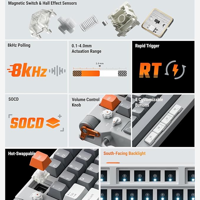 nuphy Field75 HE Rapid Trigger Wired Magnetic Keyboard,83 Keys,PBT Keycaps,Hot-Swap RGB Backlit Gaming Keyboard, 75% Layout Hall Effect Keyboard with Knob,8K Hz Polling Rate-Magnetic White Switch