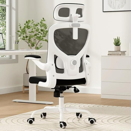 Soohow Ergonomic Office Chair, Office Mesh Desk Chair with Adjustable Lumbar Support Armrests, Comfy Computer Desk Chair with Headrest, for Home and Office, White & Black