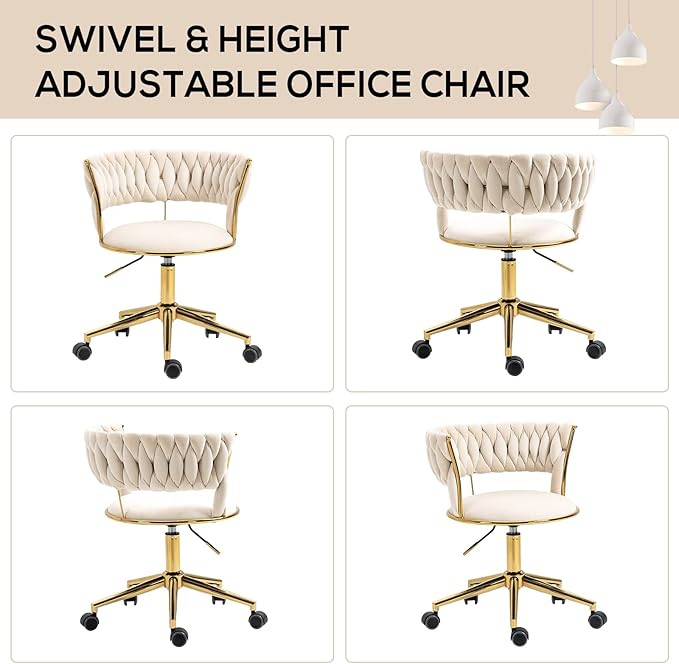 NIOIIKIT Velvet Office Desk Chair with Hand Woven Backrest, 360° Swivel & Height Adjustable Task Chairs, Makeup Chair, Living Room Chairs with Stainless Base and 5 Wheels (Ivory)