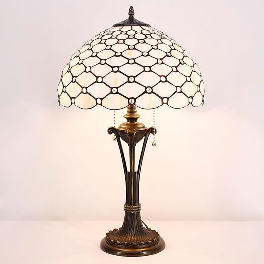 Tiffany Table Lamp Cream Amber Bead Stained Glass Desk Lamp 16X16X24 Inches Reading Light