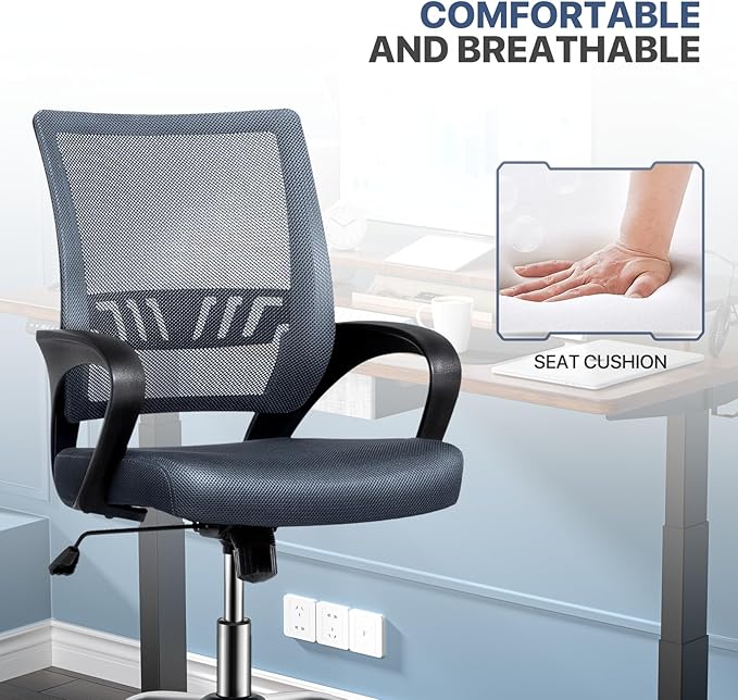 MoNiBloom Mesh Home Office Chair, Mid Back Ergonomic Rolling Swivel Chair with Lumbar Support and Armrest, 250 lbs Capacity, Grey