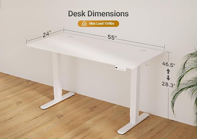 Seang Electric Standing Desk Adjustable Height, 55 x 24 Inch Sit Stand Desk with T-Shaped Frame, 3 Memory Presets & Cable Management for Home Office Computer Workstation, White Frame/White Top