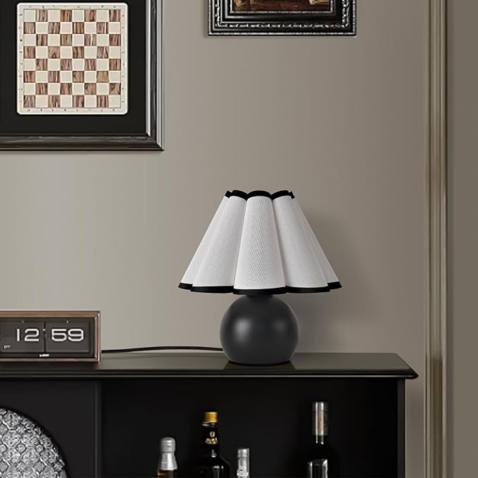 Matte Black Small Bedside Mini Table Lamp for Bedroom, Cute Bedroom Lamps for Nightstand, Cute Mini Table Lamps for Small Spaces with Scalloped Shade for Kitchen Counter, Bookshelf, Kids Dorm, Office