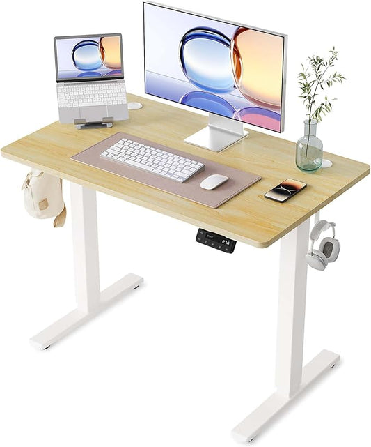 YIHAYO Electric Standing Desk, 40 x 24 Inches Stand Up Desk with Splice Board, Adjustable Height Desk, Computer Desk for Home Office, White Frame/Natural Top