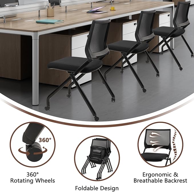 CLATINA Stackable & Foldable Waiting Room Chairs, Conference Room Chairs with Wheels & Lumbar Support, Ergonomic Mesh Bouncing Back Folding Chair for Office Meeting Schools Training, Black, 1PK
