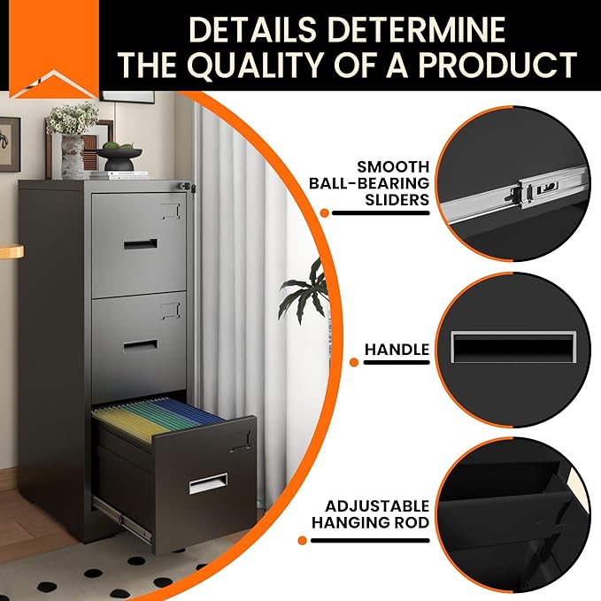 3-Drawer Locking Vertical File Cabinet, Metal Storage Cabinet for Office/Home – Secure Vertical Filing for Letter/Legal/A4/F4 Documents, Easy to Assemble Steel Cabinet, Black