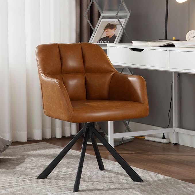 Brown Home Office Chair with Arms, Comfy Desk Chair No Wheels, Upholstered Leather Computer Chair, Swivel Accent Chair for Bedroom, Office, Small Spaces