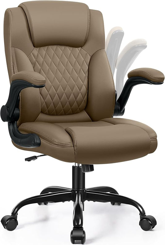 Leather Office Chair, PU Home Computer Desk Chairs with Ergonomic Back Support, 360° Swivel Free，Small Gmaing Chair with Wheels and Adjustable Armrests, for Short People Use, Earthy Yellow